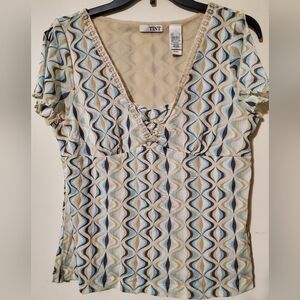 Y2k Geometric Sheer V-Neck Women's Top in Blue and Cream Boho Grunge Prep Large